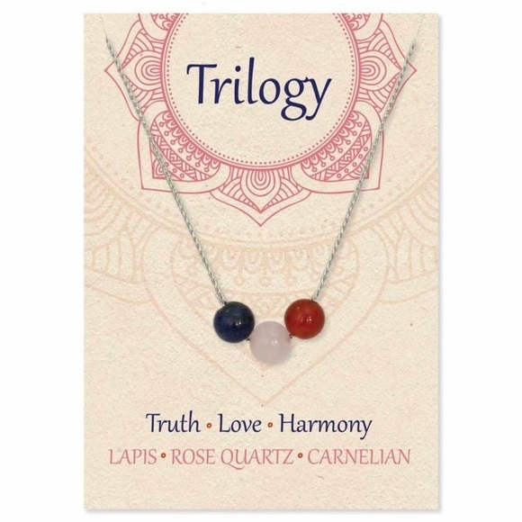 Trilogy Healing Round Stone Necklace Lapis Rose Quartz Carnelian Beads - Picture 3 of 3